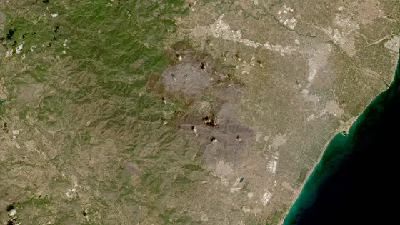Superficie quemada del incendio de La Vall d'Uixó (Serra d'Espadà) vista por satélite